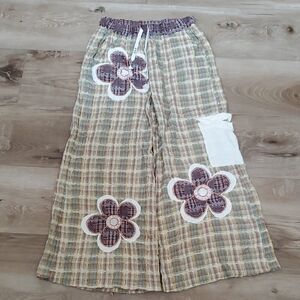 POL NWT Patchwork Plaid Drawstring Waist Pants With Pockets & Flowers